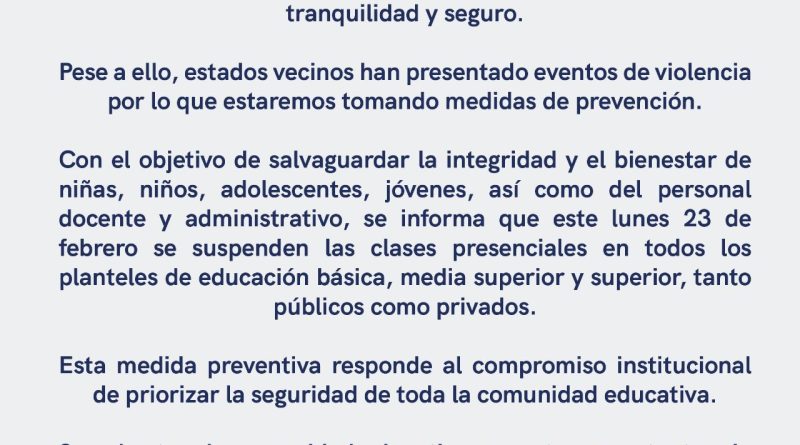 Suspende Gobierno de Querétaro clases presenciales el 23 de febrero como medida preventiva de seguridad